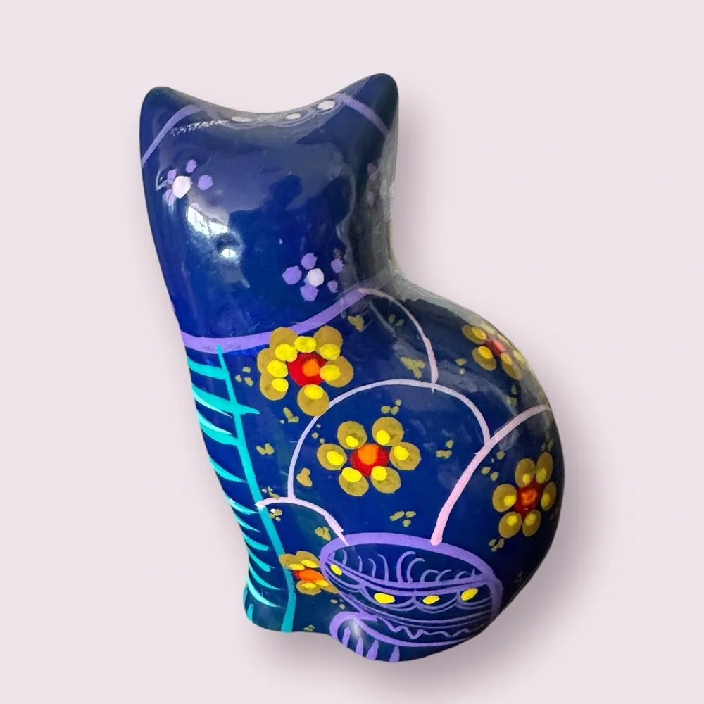 Vintage Hand Painted Ceramic Mexican Folk Art Talavera Cat Figurine With Flowers - Picture 6 of 13